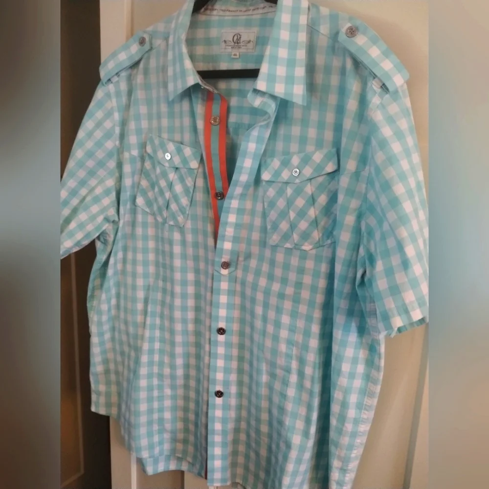 Men's CAVI Short Sleeves Button Up Aqua White Gingham Collar Shirt 4x Big Tall - Picture 1 of 7